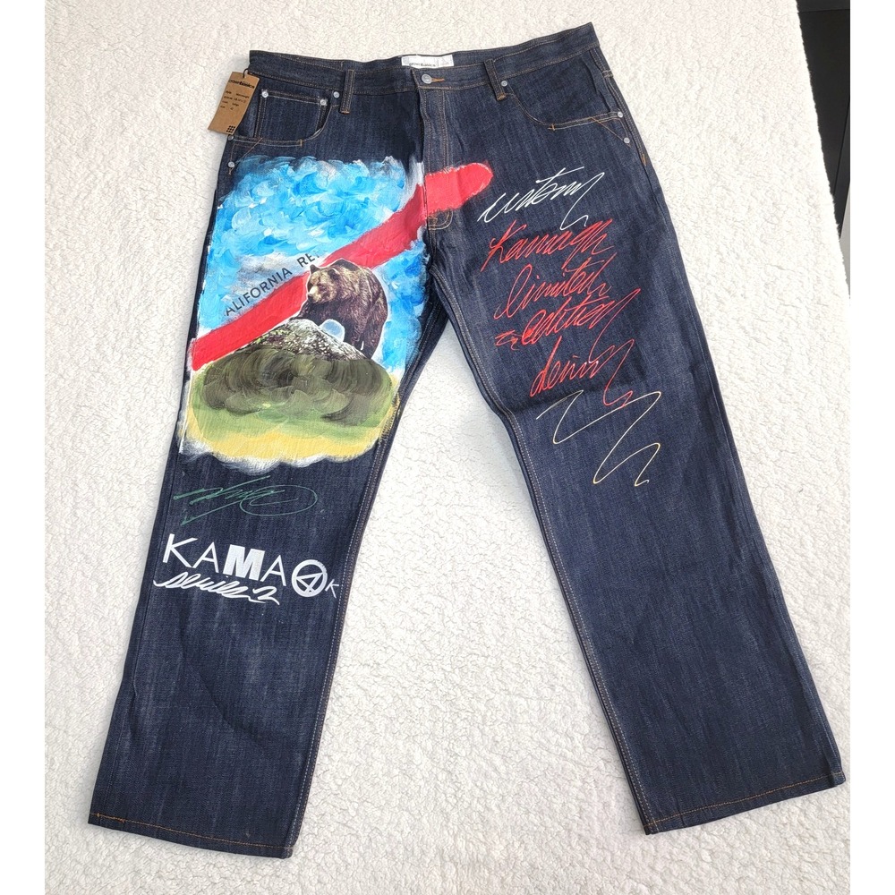 Custom Hand Painted Jeans Mens 42 California Bear Art to Wear Streetwear Denim